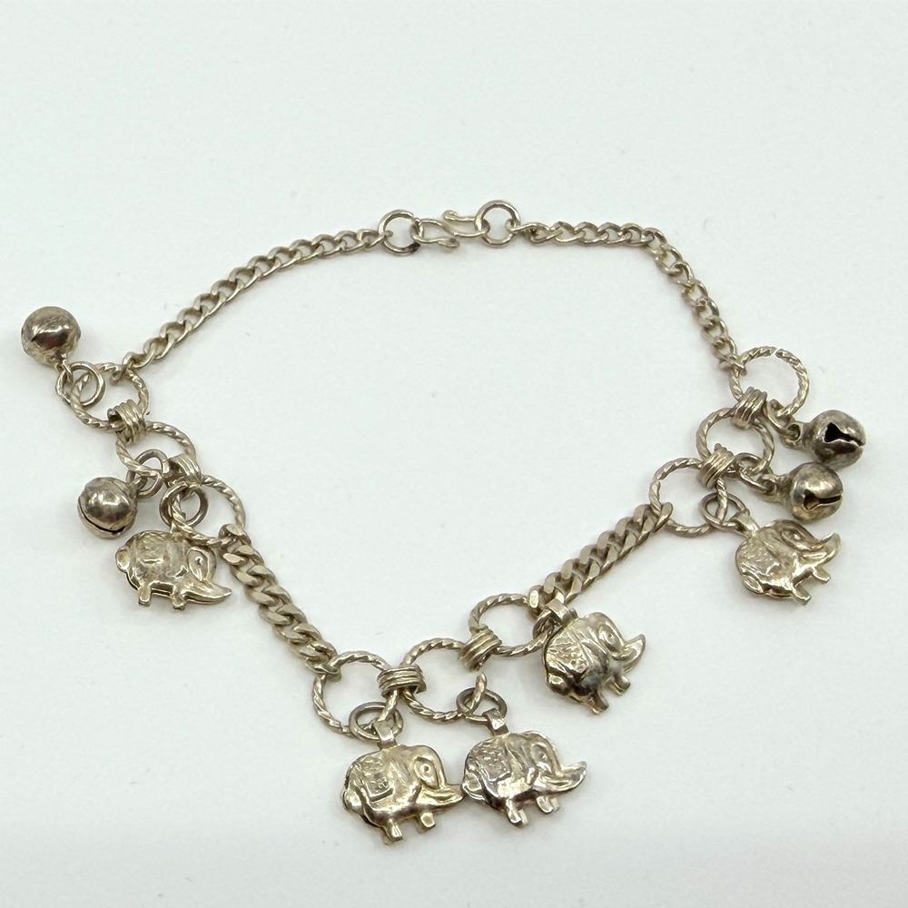Vintage Silver Tone Elephant Charm Bracelet Chunky Statement Boho Dangling Bells